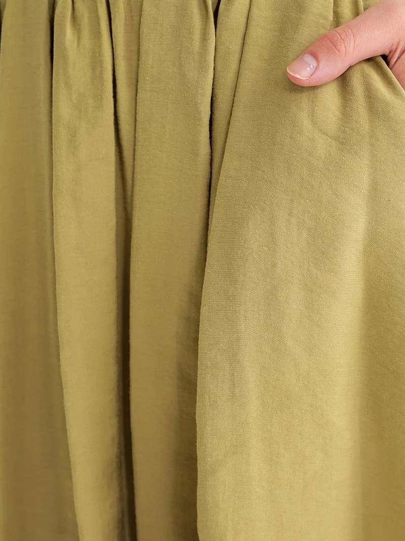 Mixray Olive Green Mixray High Waist Maxi Skirt with Drawstring Waist for Women | Best Price UAE