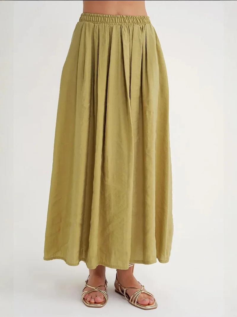 Mixray Olive Green Mixray High Waist Maxi Skirt with Drawstring Waist for Women | Best Price UAE