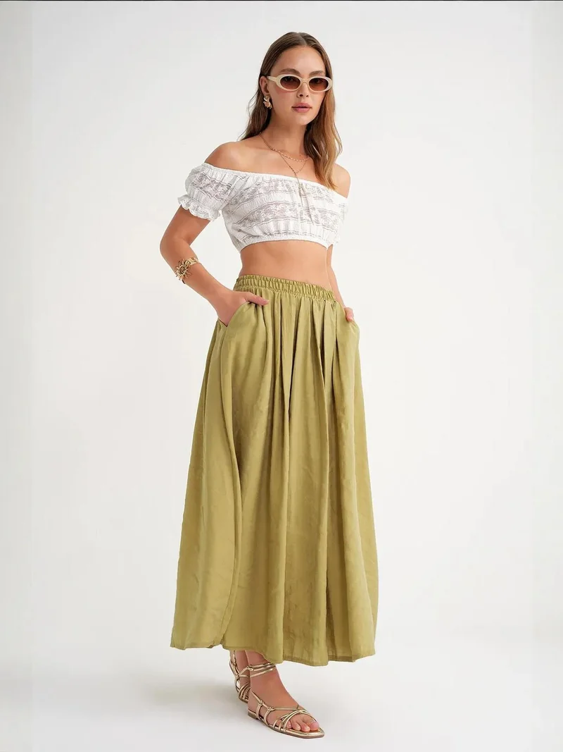 Mixray Olive Green Mixray High Waist Maxi Skirt with Drawstring Waist for Women | Best Price UAE