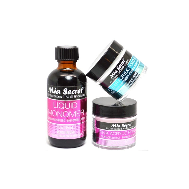 Mia Secret SECRET 2oz LIQUID MONOMER + 1oz CLEAR + 1oz PINK ACRYLIC POWDER NAIL ART - Image 1