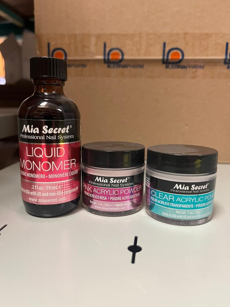 Mia Secret SECRET 2oz LIQUID MONOMER + 1oz CLEAR + 1oz PINK ACRYLIC POWDER NAIL ART - Image 2