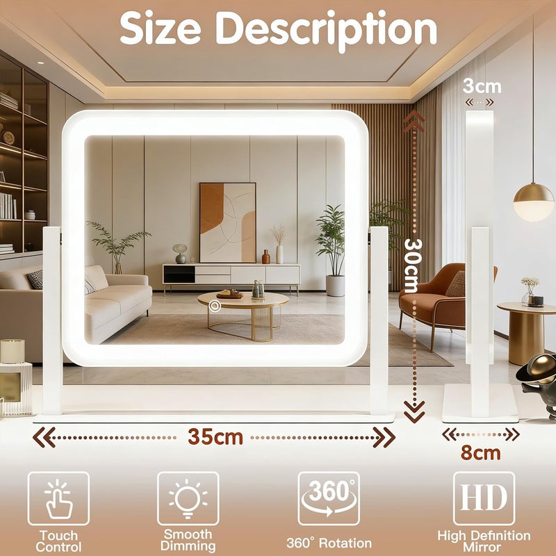 Angju Lighted Makeup Mirror,35×30cm Makeup Mirror with Lights,Lighted Vanity Mirror Tabletop,10X Magnification,Smart Touch with 3-Color Lighting,Dimmable,for Vanity Desk Tabletop - Image 2