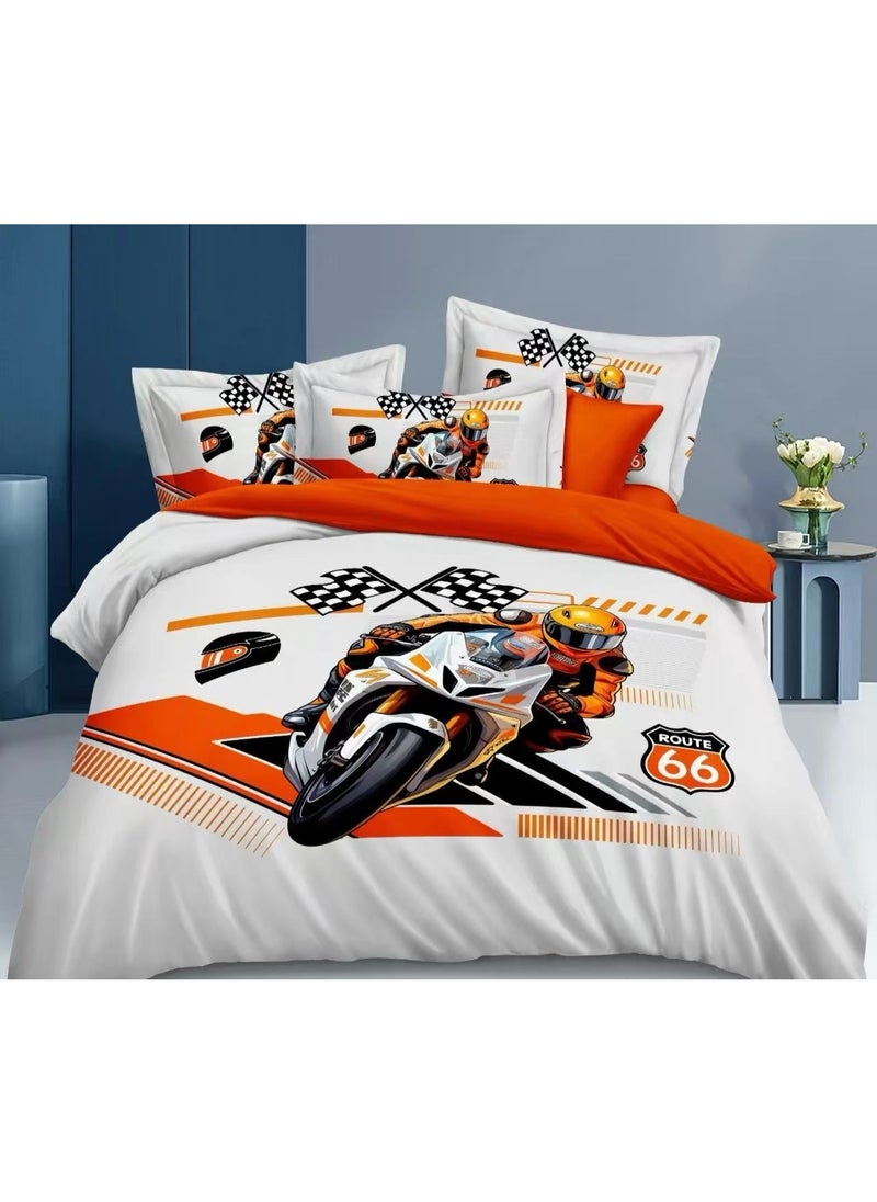 llwoo Single Bed Sheet Set with Duvet Cover, Fitted Sheet & 2 Pillowcases – Cool Racing Motorcycle & Route 66 Theme – Bold & Sporty Bedding for Kids Who Love Bikes and Adventure 
