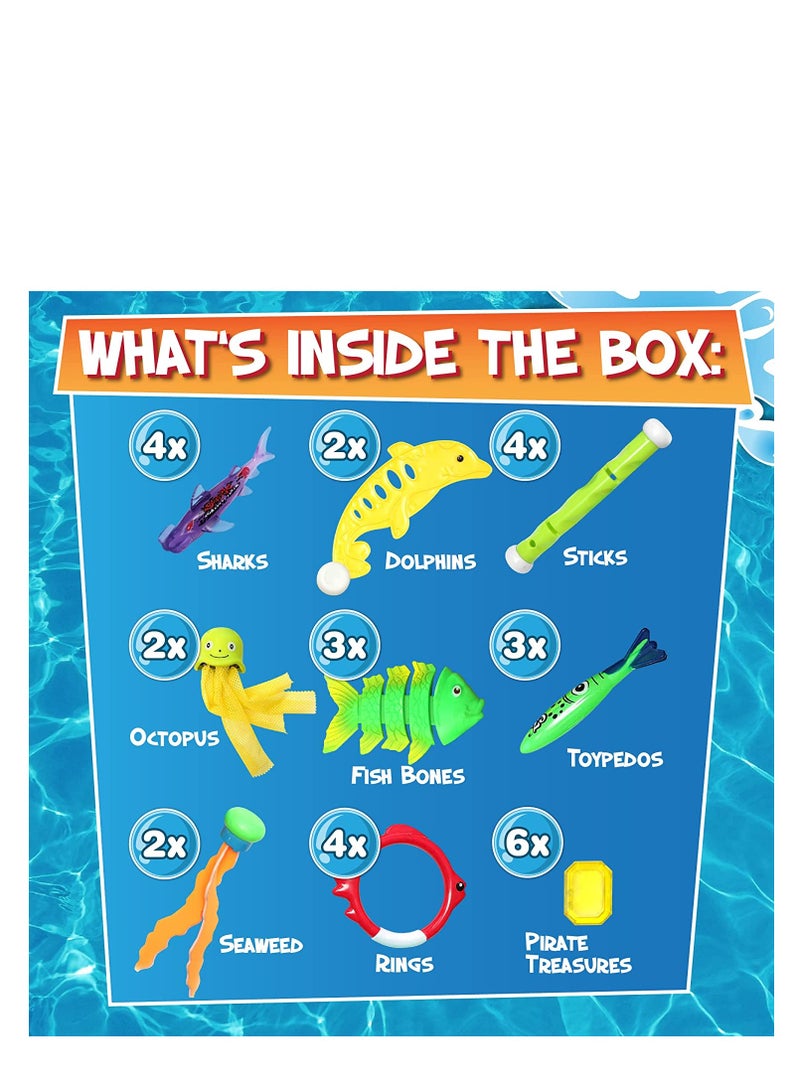 SOLARAE Diving Pool Toys 30 Pack, Swimming Pool Toys for Kids Includes 4 Diving Sticks, 4 Diving Rings, 6 Treasures, 3 Toypedo Bandits, 9 Fish Toys, 4 Octopus Water Toys with a Storage Bag - Image 5
