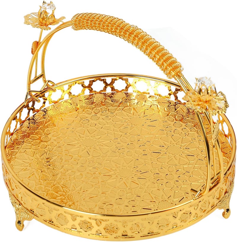 GLOGLOW Vintage Serving Tray Round Golden Fruit Snack Tray Jewelry Organizer with Handles for Storage Cookie Cakes Desserts Food Candy Buffet Platter Gold Color Meduim Size - Image 1