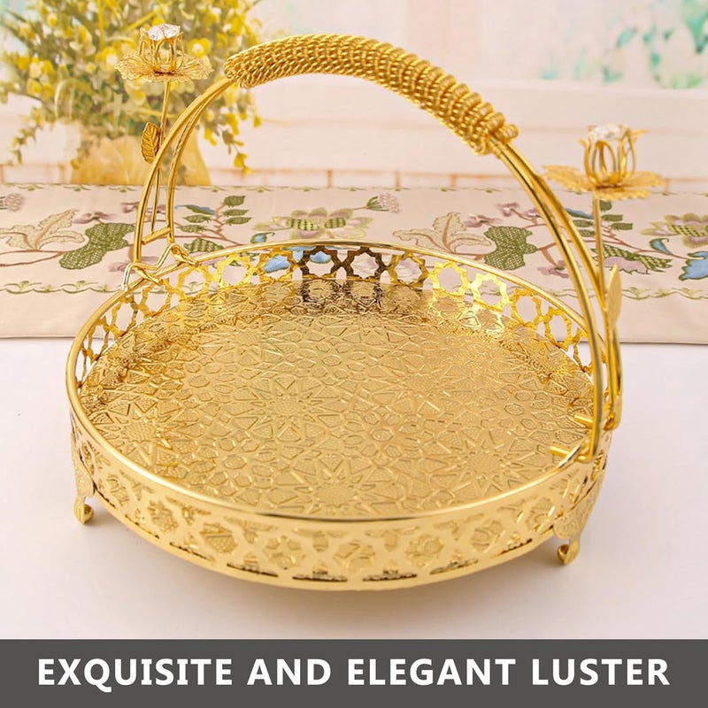 GLOGLOW Vintage Serving Tray Round Golden Fruit Snack Tray Jewelry Organizer with Handles for Storage Cookie Cakes Desserts Food Candy Buffet Platter Gold Color Meduim Size - Image 2