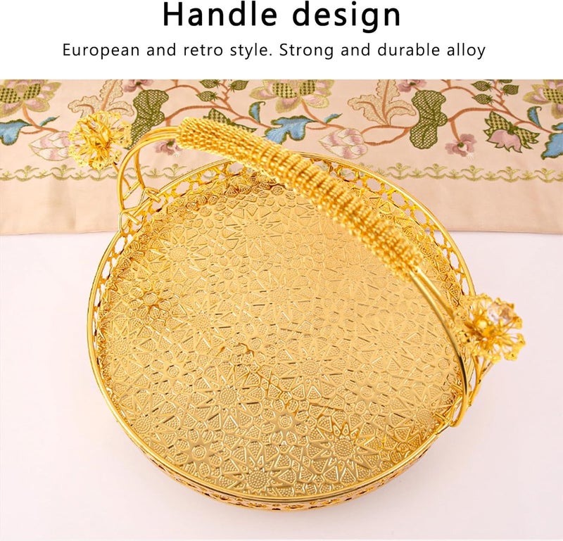 GLOGLOW Vintage Serving Tray Round Golden Fruit Snack Tray Jewelry Organizer with Handles for Storage Cookie Cakes Desserts Food Candy Buffet Platter Gold Color Meduim Size - Image 3