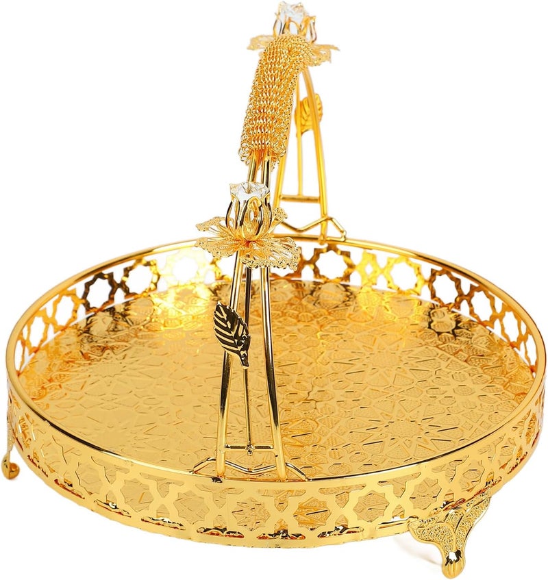 GLOGLOW Vintage Serving Tray Round Golden Fruit Snack Tray Jewelry Organizer with Handles for Storage Cookie Cakes Desserts Food Candy Buffet Platter Gold Color Meduim Size - Image 5