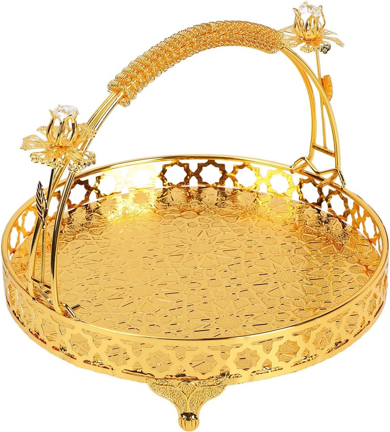 GLOGLOW Vintage Serving Tray Round Golden Fruit Snack Tray Jewelry Organizer with Handles for Storage Cookie Cakes Desserts Food Candy Buffet Platter Gold Color Meduim Size - Image 4