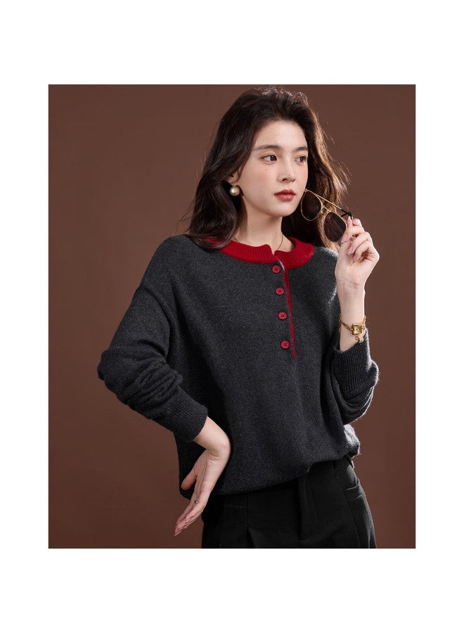 dme Demana Sheep Wool And Cashmere Blend Winter Half-placket Crew Neck Colorblock Stretch Knit Sweater Top - Image 2