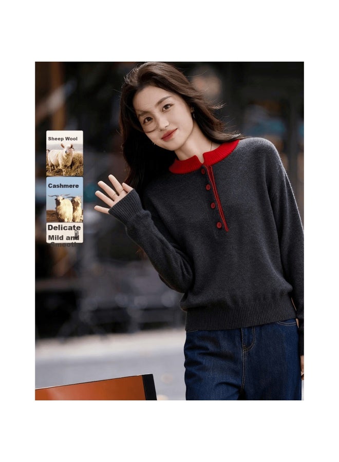 dme Demana Sheep Wool And Cashmere Blend Winter Half-placket Crew Neck Colorblock Stretch Knit Sweater Top - Image 1