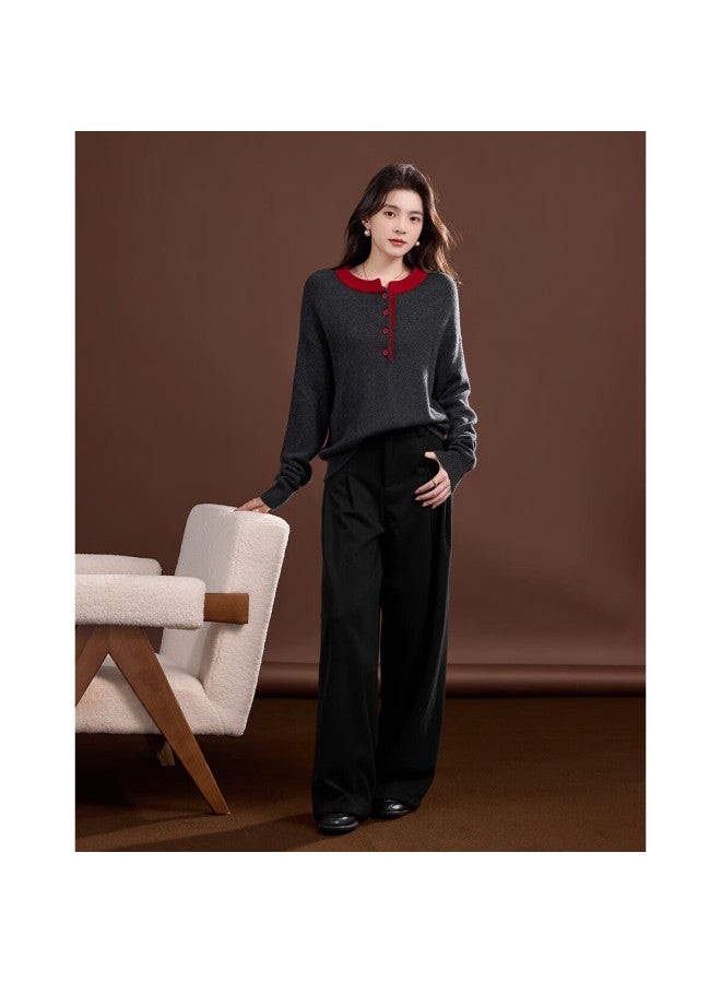 dme Demana Sheep Wool And Cashmere Blend Winter Half-placket Crew Neck Colorblock Stretch Knit Sweater Top - Image 4