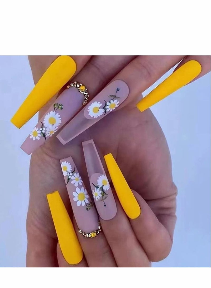 Excefore Yellow Luxury Fake Nails Super Long Press on Flowers Rhinestone Nails Pink Square Acrylic False Nails With Glue Sticker Prom Women's Nails False Nail - Tips 24 pcs - Image 4