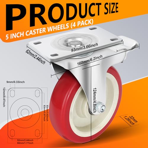 PUIPUM 5 Inch Heavy Duty Caster Set of 4, Swivel Castor Wheels with Dual Locking Brakes, Silent Polyurethane (PU) Wheels, 360° Rotation, for Furniture and Workbench, Load 2800lbs - Image 2