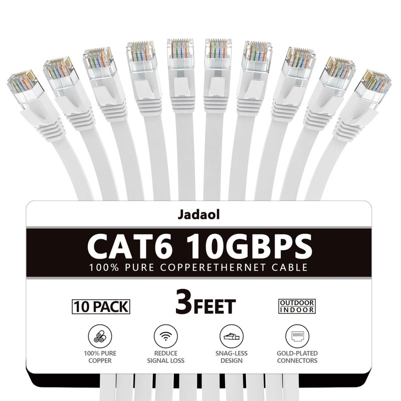 Jadaol Cat 6 Ethernet Cable 3 ft 10Pack, 10Gbps Support Cat8 Cat7 Network, Flat High Speed LAN Internet Patch Cables, Short Ethernet Cables for Router, Modem, Switch, PC, Laptop, Gaming Console, White - Image 1