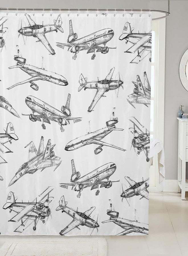 Homewish ستارة حمام هوم ويش بتصميم طائرة، ستارة حمام للأطفال والمراهقين، تصميم أسود وأبيض برسومات تخطيطية، ستارة مقاومة للماء، ستارة حمام بتصميم طيران، مجموعة من 12 خطاف، 72 بوصة عرض × 72 بوصة طول - Image 1