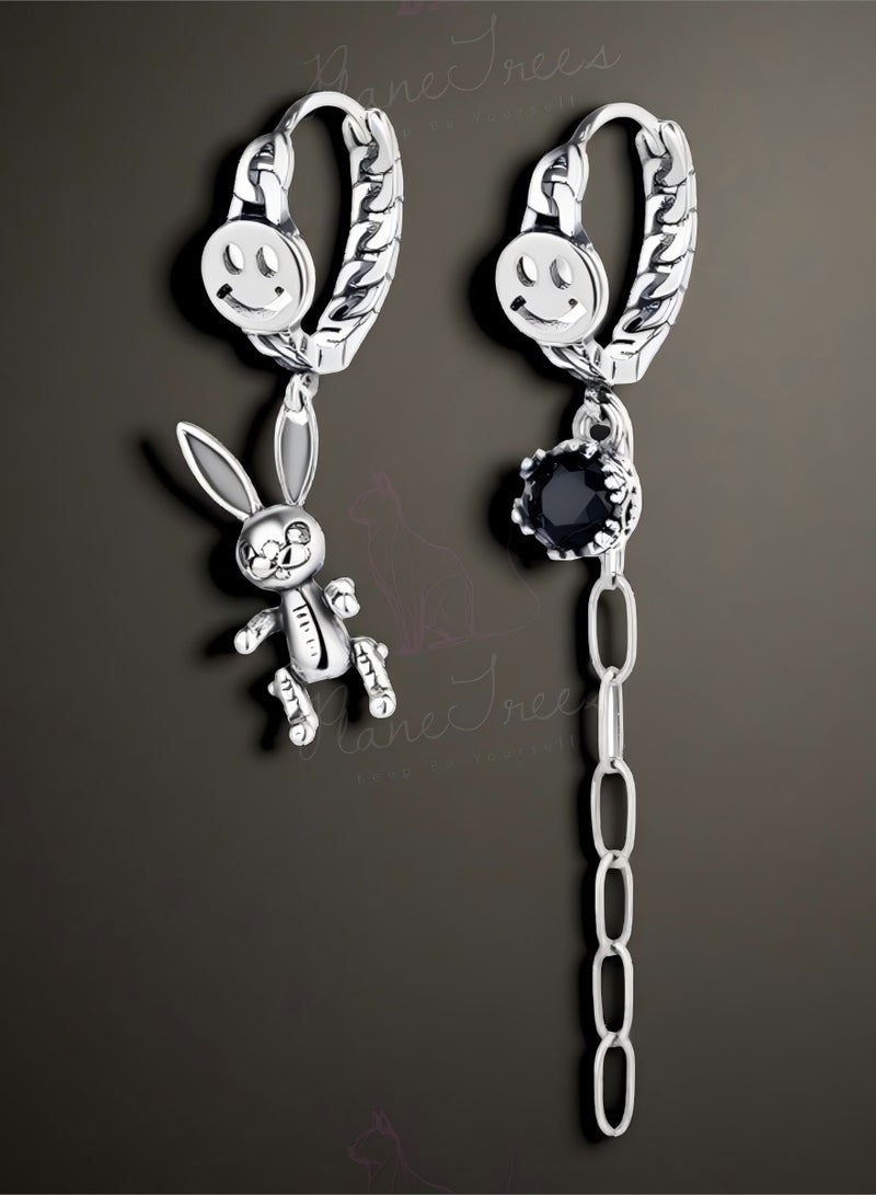 Plane Trees 925 Silver Asymmetrical Bunny & Chain Drop Earrings for Women – Cute Punk Style | PLANE TREES - Image 1