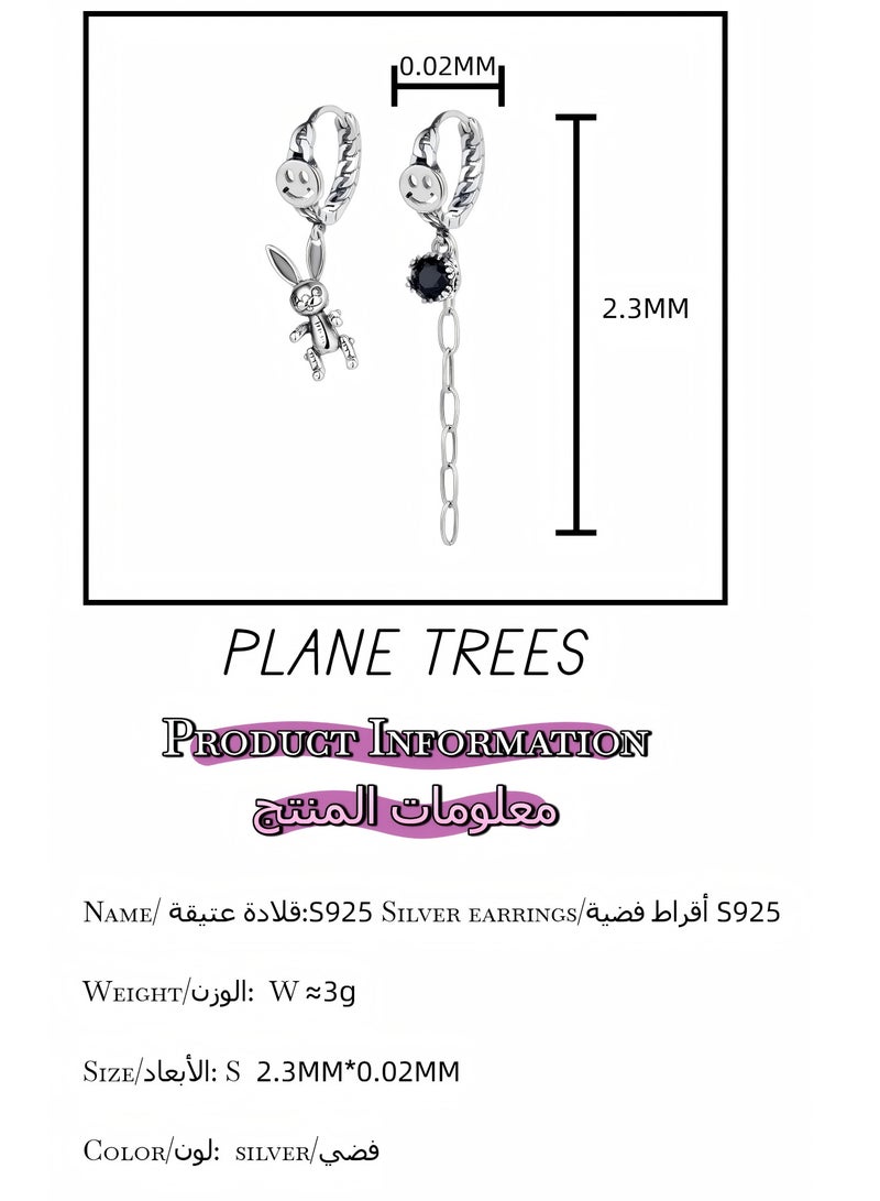 Plane Trees 925 Silver Asymmetrical Bunny & Chain Drop Earrings for Women – Cute Punk Style | PLANE TREES - Image 2