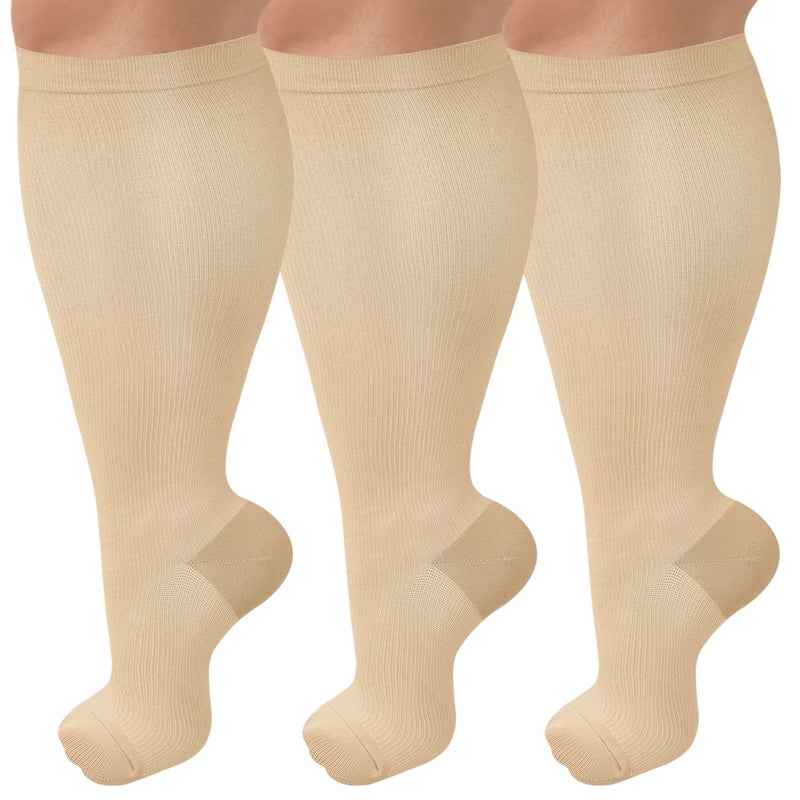 CTHH 3 Pack Wide Calf Compression Socks for Women & Men, Plus Size Knee High Stockings for Circulation Support, Nude, 2XL - Image 1