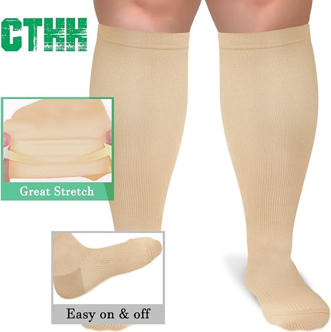 CTHH 3 Pack Wide Calf Compression Socks for Women & Men, Plus Size Knee High Stockings for Circulation Support, Nude, 2XL - Image 5