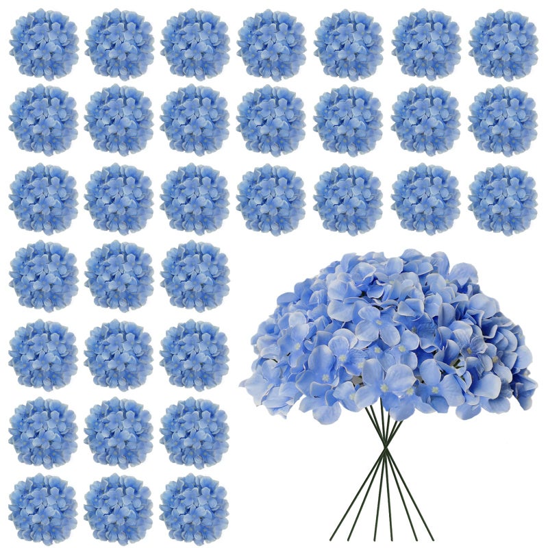 Cherica 30 Pcs Blue Hydrangea Artificial Flowers Bulk Faux Hydrangea Flowers Heads Artificial Fake Silk Hydrangea Flowers with Stems Blue Flowers Artificial for Decoration Wedding Dcor - Image 2