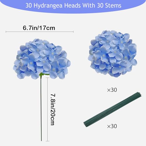 Cherica 30 Pcs Blue Hydrangea Artificial Flowers Bulk Faux Hydrangea Flowers Heads Artificial Fake Silk Hydrangea Flowers with Stems Blue Flowers Artificial for Decoration Wedding Dcor - Image 3