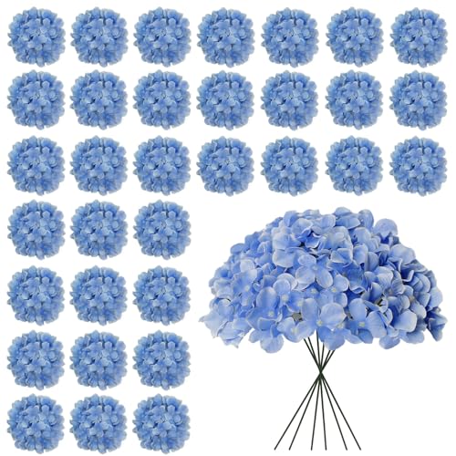Cherica 30 Pcs Blue Hydrangea Artificial Flowers Bulk Faux Hydrangea Flowers Heads Artificial Fake Silk Hydrangea Flowers with Stems Blue Flowers Artificial for Decoration Wedding Dcor - Image 1