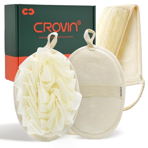 CROVIN Mesh Pouf Body Sponge Set - Redesign Bath Loofahs Shower Puffs 2 Pack & Exfoliating Natural Loofah Back Scrubber. How to - Great Gift for A Glowing Skin & Healthy Body - Image 1
