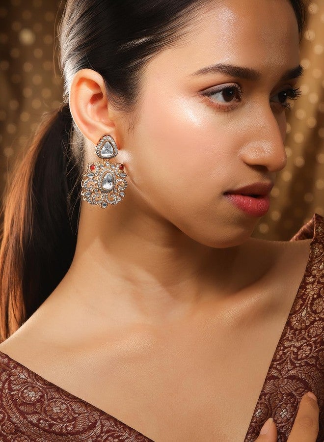 Rubans 18K Gold-Plated White Zirconia Gemstone Studded Chandelier Earrings for Women & Girls - Festive & Elegant Looks - Image 3