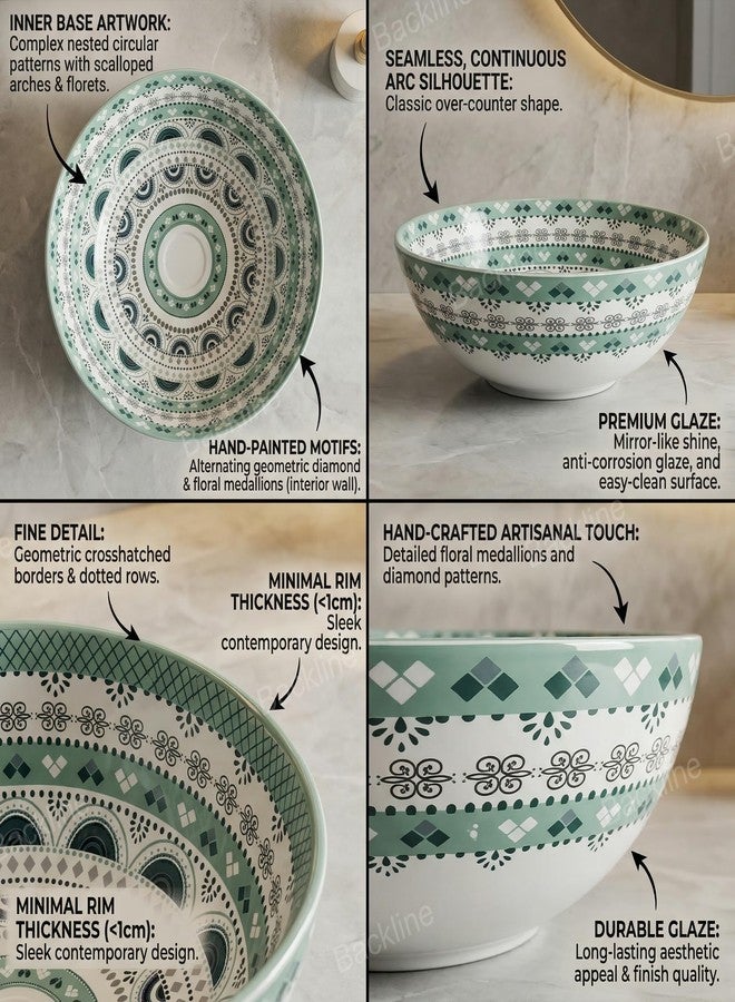 B Backline Ceramic Moroccan Wash Basin Countertop | Tabletop Ceramic Bathroom Sink | Modern Wash Basin | Basin For Bathroom 41 X 41 X 14 Cm (Glossy Finish) (Green Moroccan) (5 Year Warrenty) - Image 2