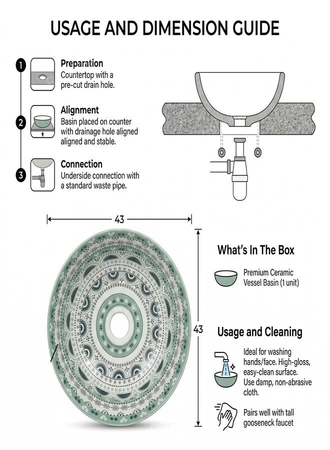 B Backline Ceramic Moroccan Wash Basin Countertop | Tabletop Ceramic Bathroom Sink | Modern Wash Basin | Basin For Bathroom 41 X 41 X 14 Cm (Glossy Finish) (Green Moroccan) (5 Year Warrenty) - Image 3
