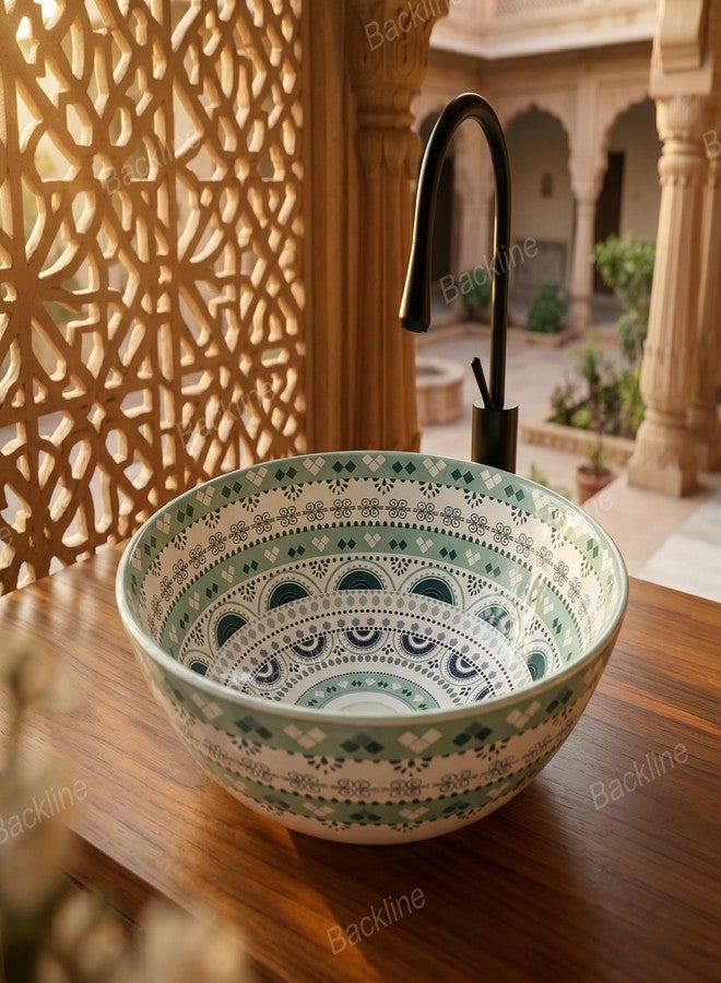 B Backline Ceramic Moroccan Wash Basin Countertop | Tabletop Ceramic Bathroom Sink | Modern Wash Basin | Basin For Bathroom 41 X 41 X 14 Cm (Glossy Finish) (Green Moroccan) (5 Year Warrenty) - Image 1