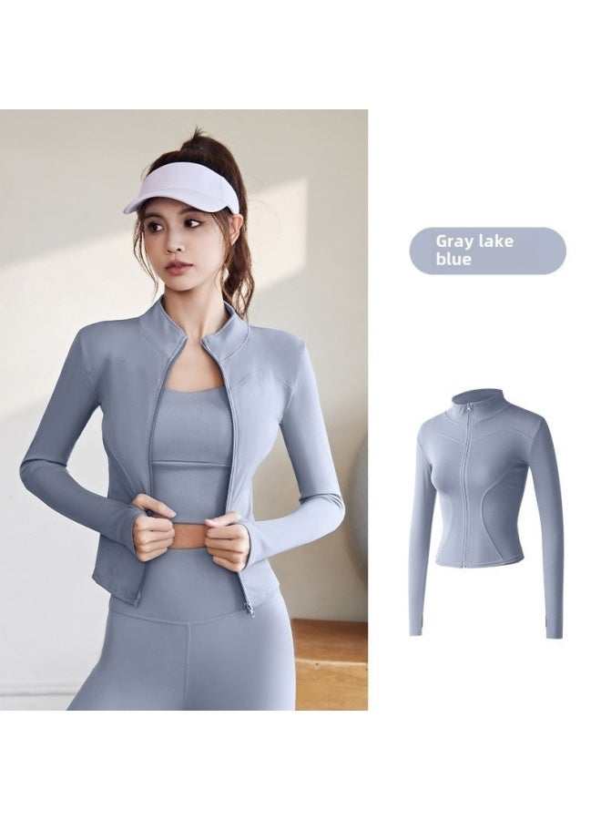 Gray Lake Blue Women's Spring Autumn Long Sleeve Sports Coat Tight Fit Fitness Yoga Jacket Top