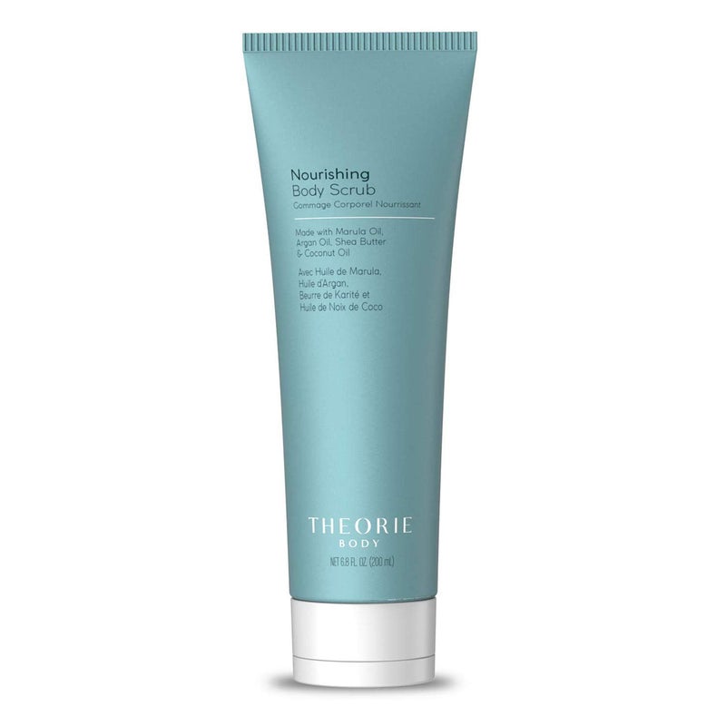 Theorie Nourishing and Exfoliating Body Scrub  Made with Marula Argan Coconut Oil Shea Butter  Vitamin E Amber Rose Fragrance EcoFriendly Pumice Vegan Gluten Free Cruelty Free 200mL Tube