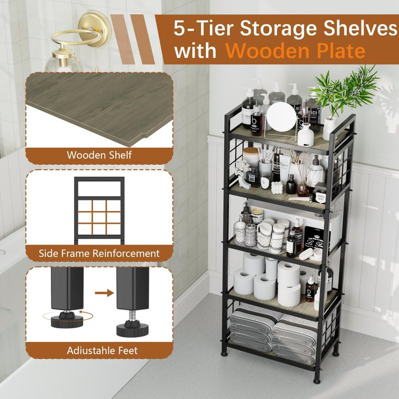GIOTORENT 5-Tier Pantry Shelves with Wooden Boards, Heavy Duty Storage Shelves & Book Shelf, Adjustable Metal Shelving Unit for Kitchen Bathroom Laundry Organizer, Sturdy Rust-Resistant, Black - Image 3