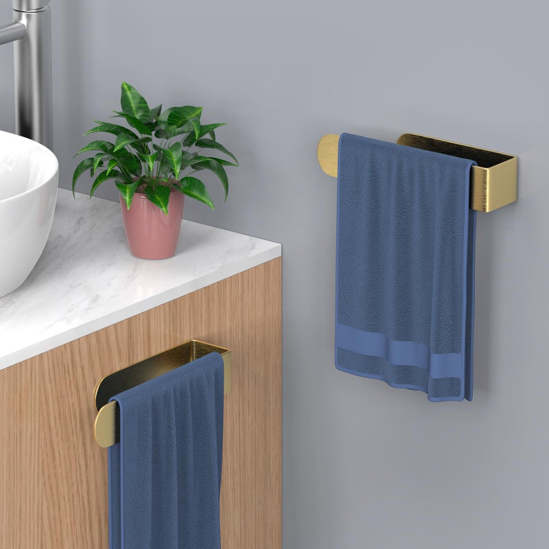 HUFEEOH 2 Pack Adhesive Hand Towel Holder  Kitchen Towel Holder Towel Bars Wall Mounted  Stainless Steel Bath Towel Holder for Bathroom Hotel Kitchen (Gold  8 Inch(2PC)) - Image 2