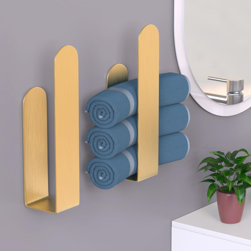 HUFEEOH 2 Pack Adhesive Hand Towel Holder  Kitchen Towel Holder Towel Bars Wall Mounted  Stainless Steel Bath Towel Holder for Bathroom Hotel Kitchen (Gold  8 Inch(2PC)) - Image 5