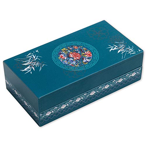 Bits and Pieces 8 Step Secret Puzzle Box Chinese Bamboo Puzzle Gift Box for Trinkets Money Gifts Jewelry Peony Artwork Teal Blue Brainteaser 325 x 625 x 2 Inches - Image 1