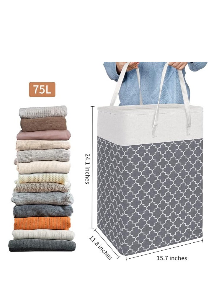 Laundry Baskets 2 Pack, 75L Laundry Hamper with Long Handles, Collapsible Waterproof Clothes Hamper, Durable Tall Laundry Bin, Clothes Hamper for Bedroom, Bathroom, Dorm, Toys, Grey - Image 2