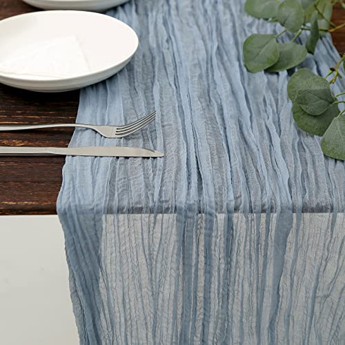 DOLOPL Dusty Blue Cheesecloth Table Runner for Gender Reveal Decorations 133ft Boho Gauze Cheese Cloth Table Runner Rustic Sheer Runner 160inch Long for Wedding Bridal Baby Shower Decorations