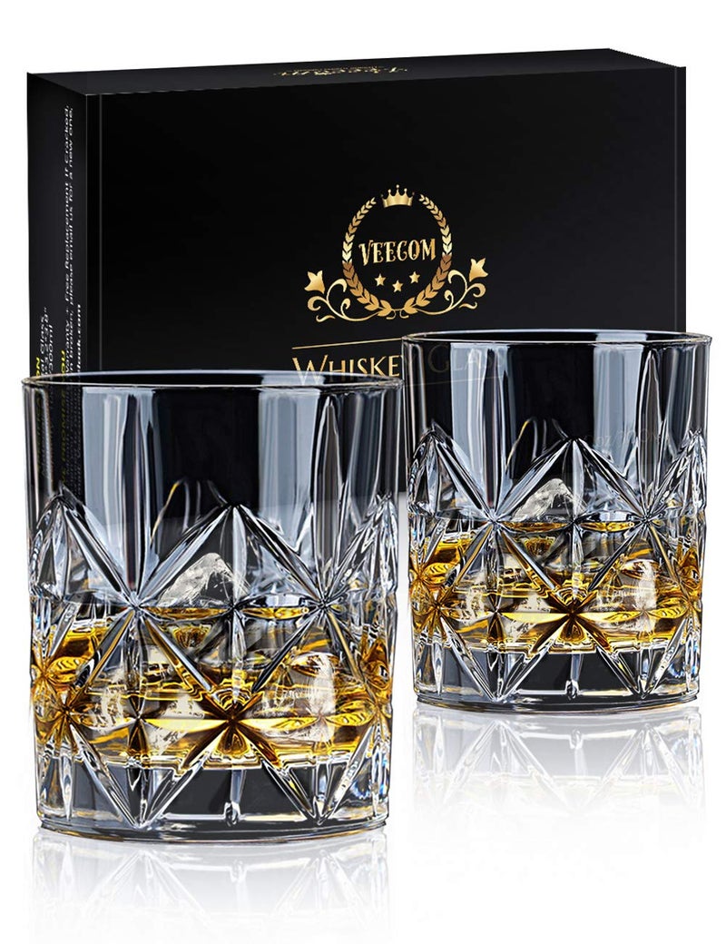 Veecom Whiskey Glass Set Of 2 10 Oz Crystal Whiskey Glasses Thick Bottom Bourbon Glasses Old Fashioned Rocks Glass Tumbler For Scotch Cocktail Liquor Home Bar Whiskey Gifts For Men (Glass Set 2) - Image 1
