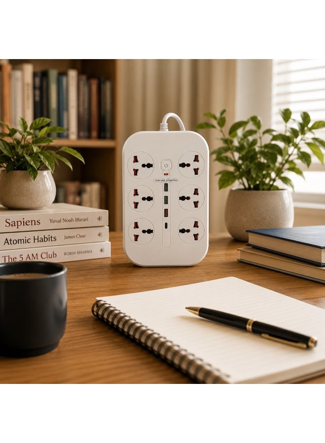 Gulf Trend Z64 Power Extension Board with 3 AC Sockets, 6 USB Charging Ports, 2M Heavy Duty Cable, 4.1A USB Output, Overload Protection, Multi Plug Extension for Home, Office, Desktop & Travel - Image 2