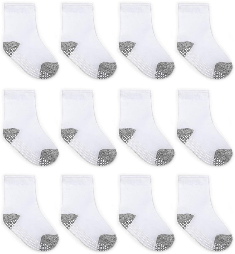 ZAPLES Baby Non Slip Grip Crew Socks with Anti Skid Soles for Infants Toddlers Kids Boys Girls, White Block 12 Pack, 12-36 Months