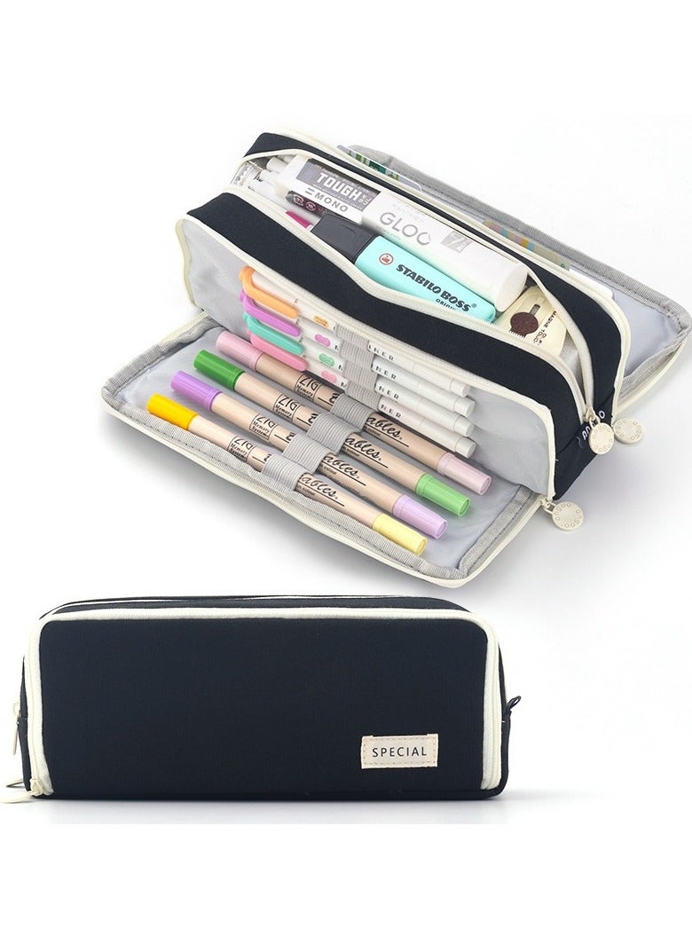 SPECIAL Large Capacity Pencil Case 3 Compartment Pouch Pen Bag for School Teen Girl Boy Men Women, Black, Lightweight,travel