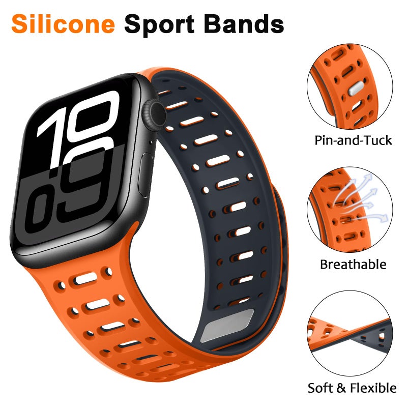 ZZDZZ Compatible with Apple Watch Band 49mm 46mm 45mm 44mm 42mm 41mm 40mm 38mm, Magnetic Silicone Sport Breathable Strap for iWatch Ultra 3/2/1 SE3 Series 11 10 9 8 7-1 (42/41/40/38, Orange/Midnight) - Image 3