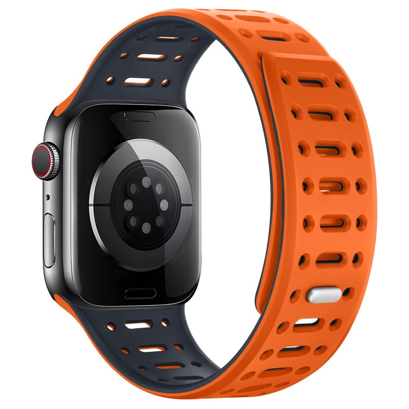 ZZDZZ Compatible with Apple Watch Band 49mm 46mm 45mm 44mm 42mm 41mm 40mm 38mm, Magnetic Silicone Sport Breathable Strap for iWatch Ultra 3/2/1 SE3 Series 11 10 9 8 7-1 (42/41/40/38, Orange/Midnight) - Image 2