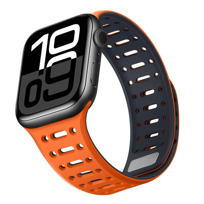 ZZDZZ Compatible with Apple Watch Band 49mm 46mm 45mm 44mm 42mm 41mm 40mm 38mm, Magnetic Silicone Sport Breathable Strap for iWatch Ultra 3/2/1 SE3 Series 11 10 9 8 7-1 (42/41/40/38, Orange/Midnight) - Image 1