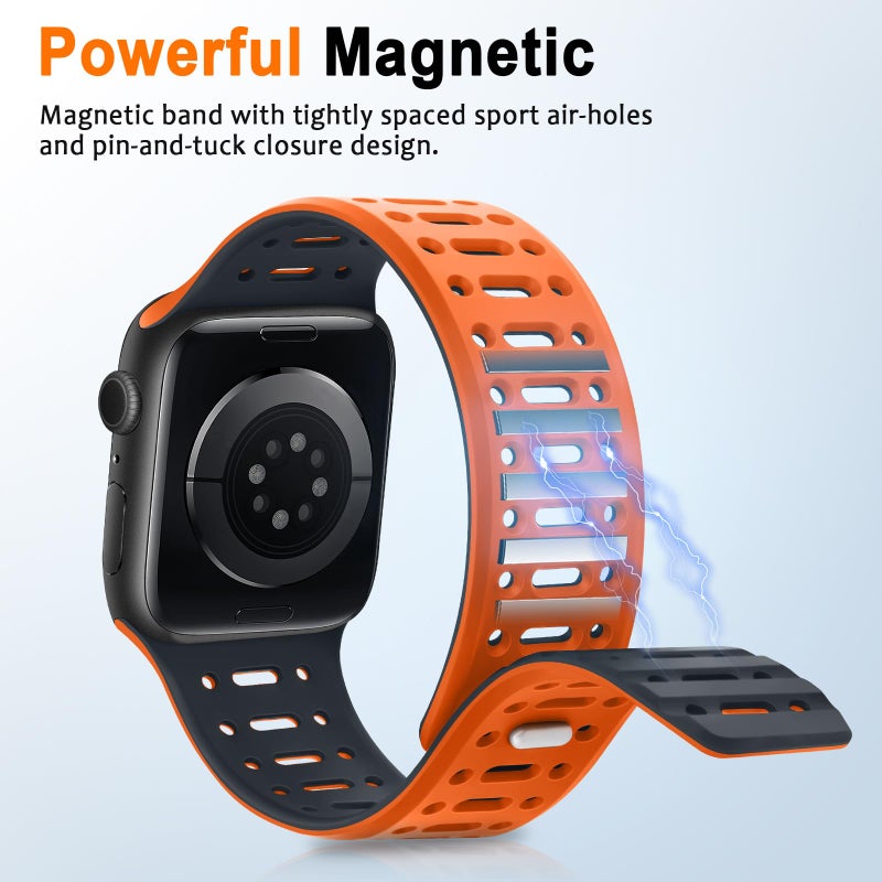 ZZDZZ Compatible with Apple Watch Band 49mm 46mm 45mm 44mm 42mm 41mm 40mm 38mm, Magnetic Silicone Sport Breathable Strap for iWatch Ultra 3/2/1 SE3 Series 11 10 9 8 7-1 (42/41/40/38, Orange/Midnight) - Image 4