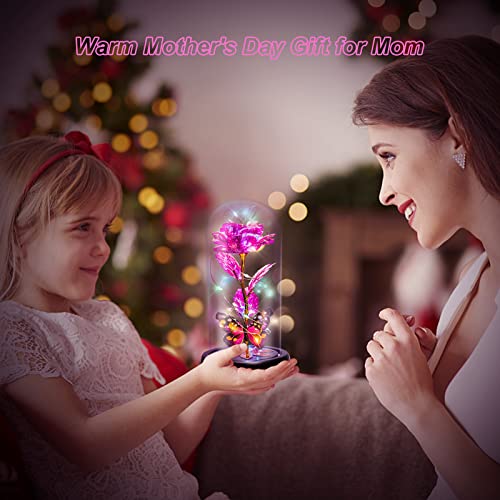 Pusuny Christmas Rose Gifts for Women Birthday Gift Galaxy Glass Rose Forever Eternal Crystal Flower Light Up Roses in Glass Dome with Butterfly Xmas Gifts for Women Mom Grandma Wife Her Sister Pink - Image 4