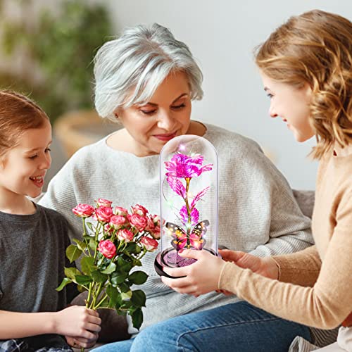 Pusuny Christmas Rose Gifts for Women Birthday Gift Galaxy Glass Rose Forever Eternal Crystal Flower Light Up Roses in Glass Dome with Butterfly Xmas Gifts for Women Mom Grandma Wife Her Sister Pink - Image 5